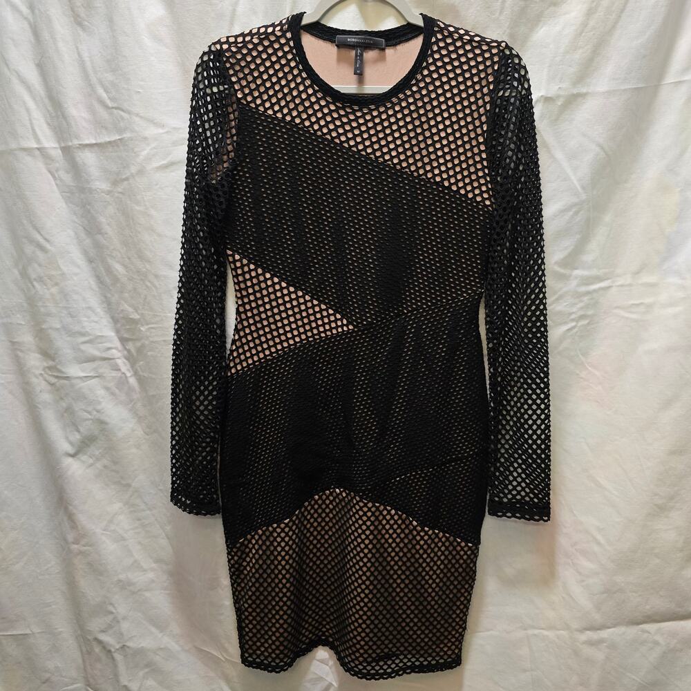 BCBGMaxazria‎ black nude mesh fishnet long sleeve mini bodycon dress medium